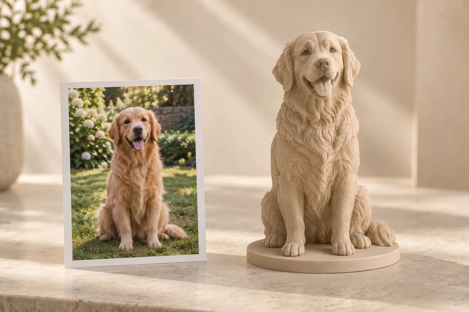 A dog portrait beside a monochrome sculpted dog figurine inspired by the photograph